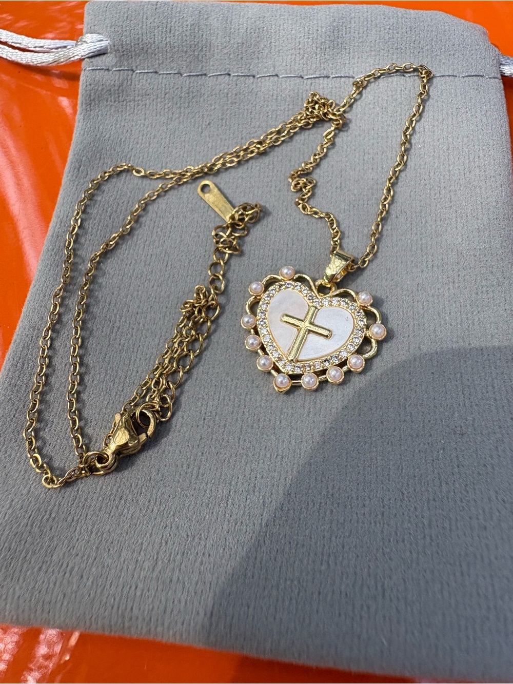 Gold Heart Pendant Necklace with Cross and Pearl Accent - Picture 5 of 7